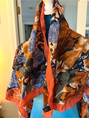 Floral Print Lightweight scarf Orange & Blue French garden look 100% silk